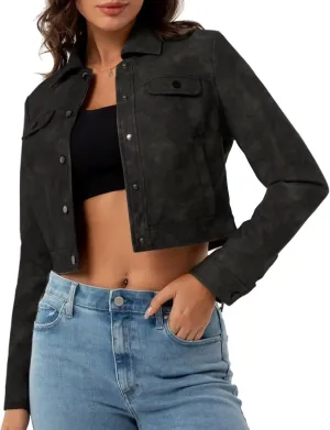 Women's Cropped Faux Leather Bomber Jacket Turn-Down Collar Flap Pocket Snap Retro Shape Coat