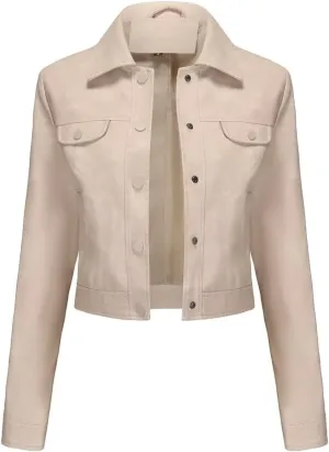 Women's Cropped Faux Leather Bomber Jacket Turn-Down Collar Flap Pocket Snap Retro Shape Coat