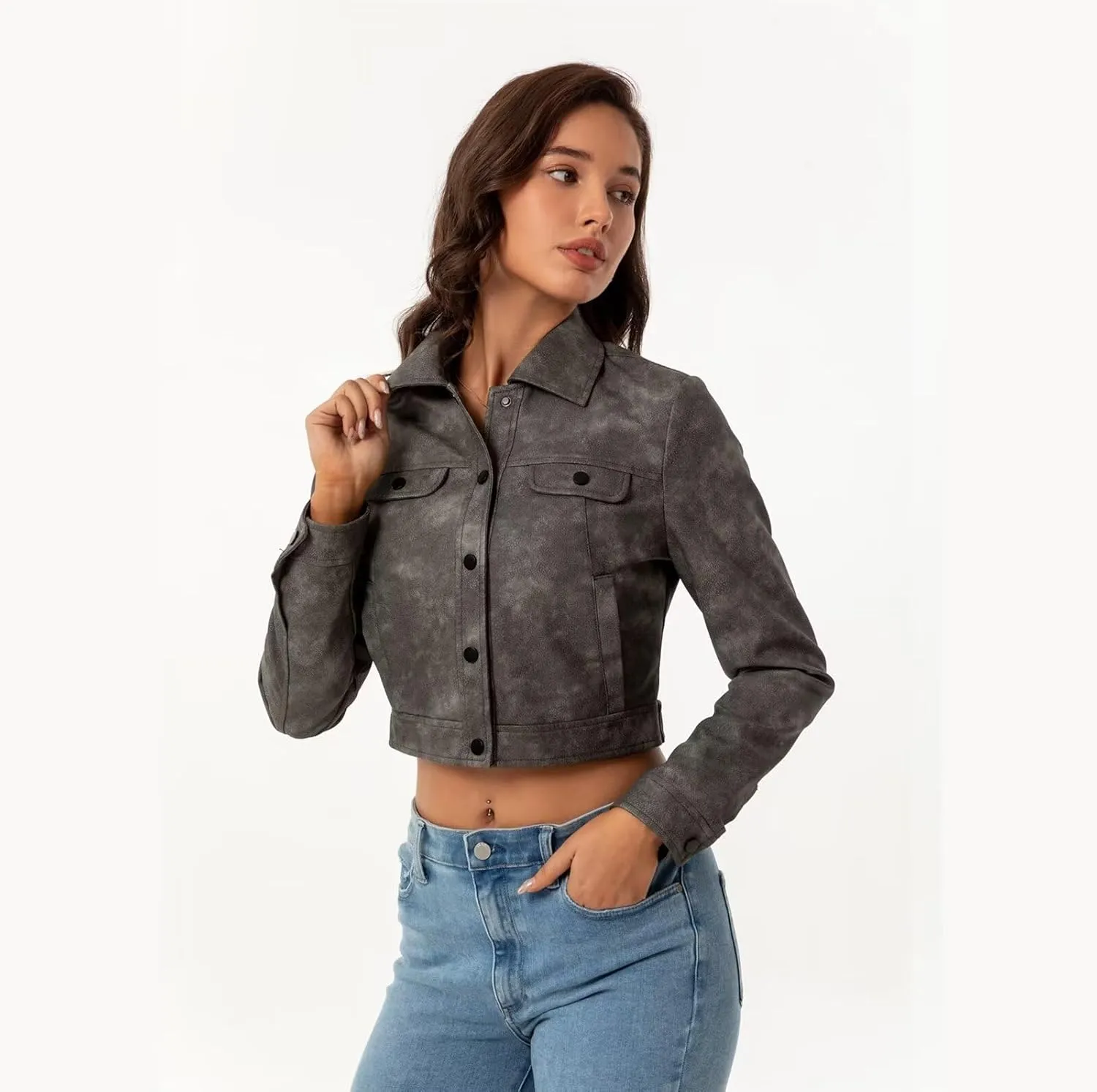 Women's Cropped Faux Leather Bomber Jacket Turn-Down Collar Flap Pocket Snap Retro Shape Coat