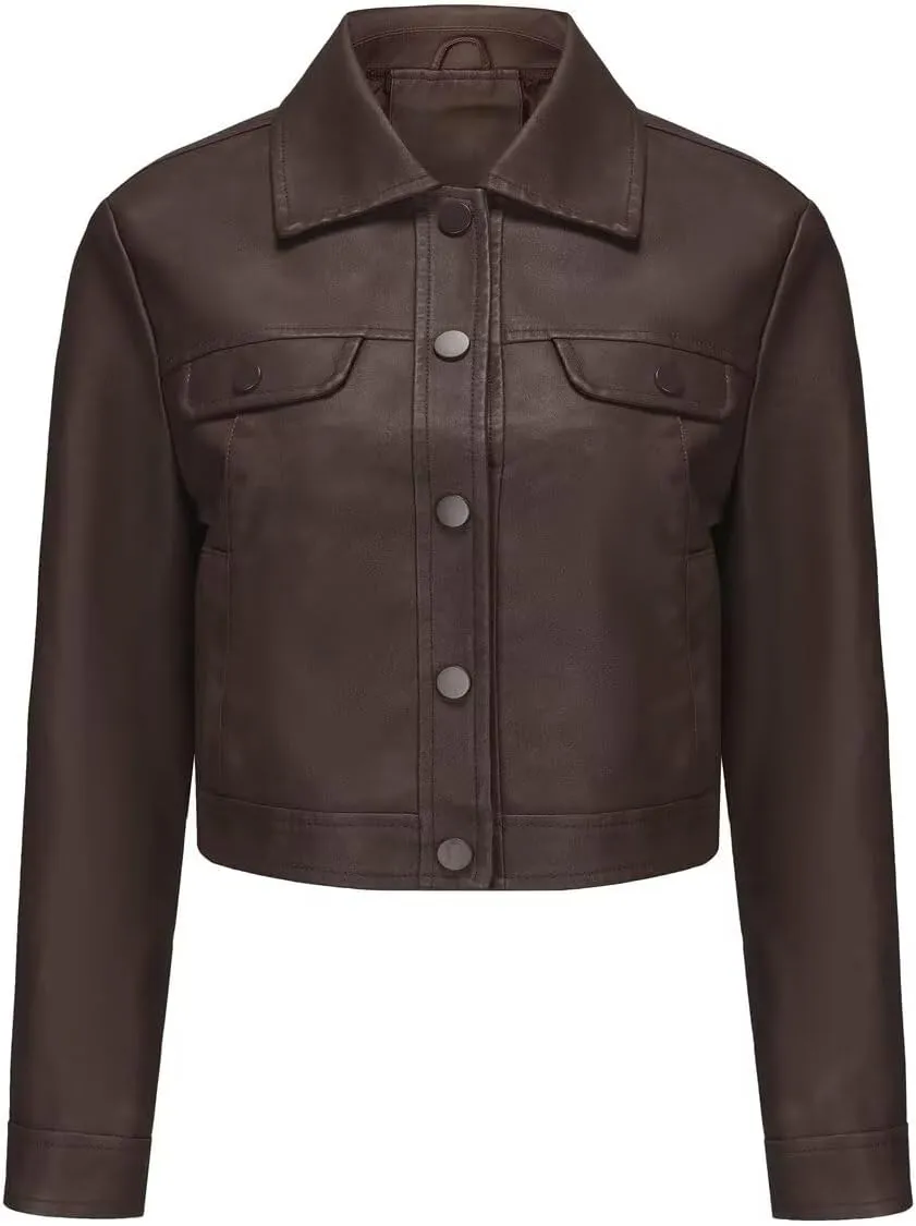 Women's Cropped Faux Leather Bomber Jacket Turn-Down Collar Flap Pocket Snap Retro Shape Coat