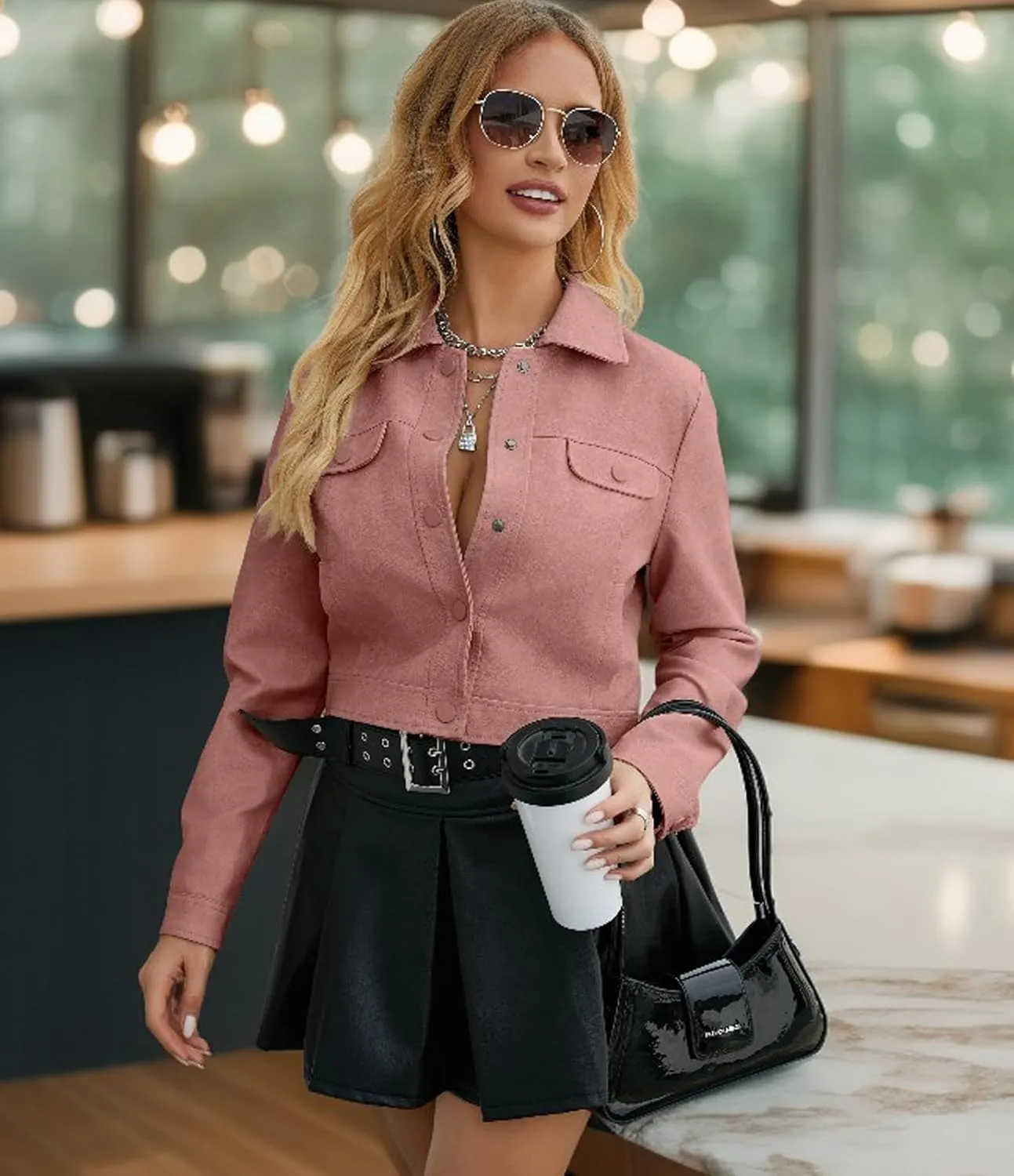 Women's Cropped Faux Leather Bomber Jacket Turn-Down Collar Flap Pocket Snap Retro Shape Coat