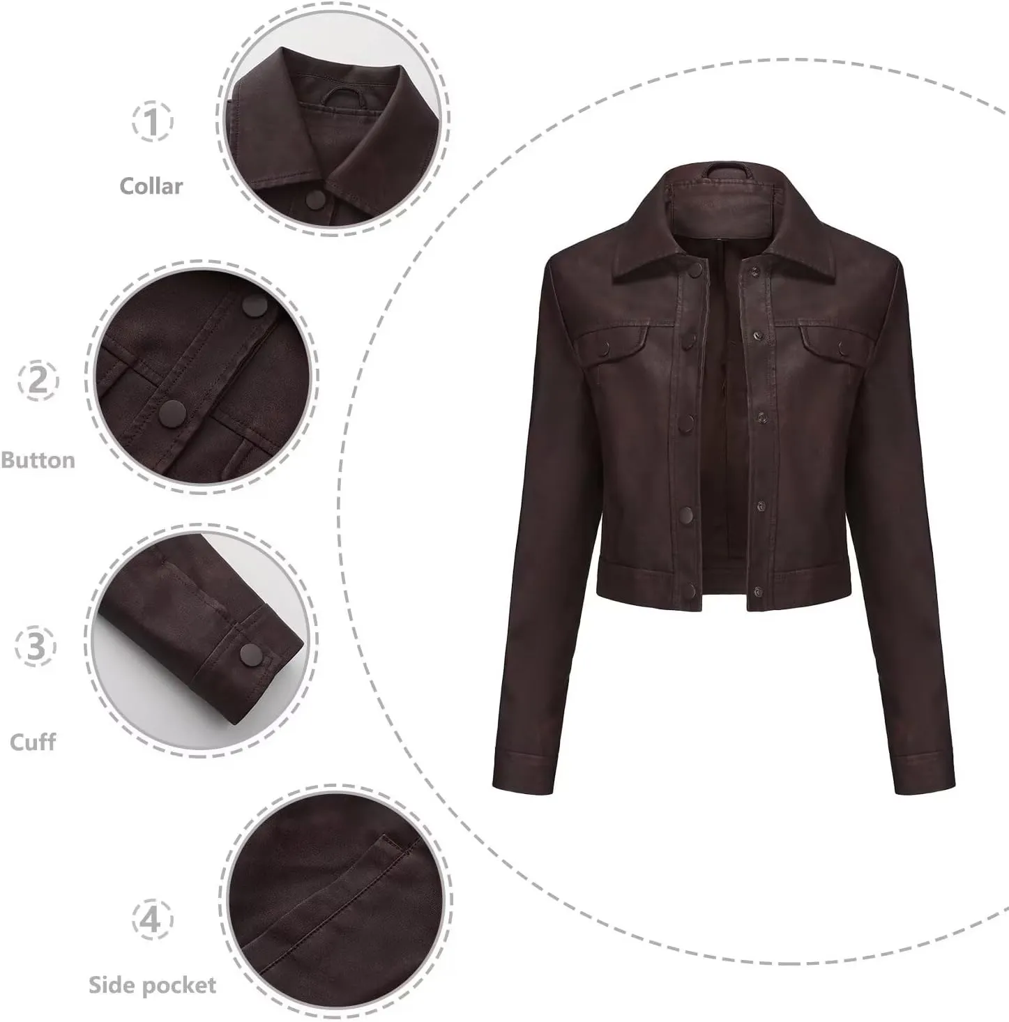 Women's Cropped Faux Leather Bomber Jacket Turn-Down Collar Flap Pocket Snap Retro Shape Coat