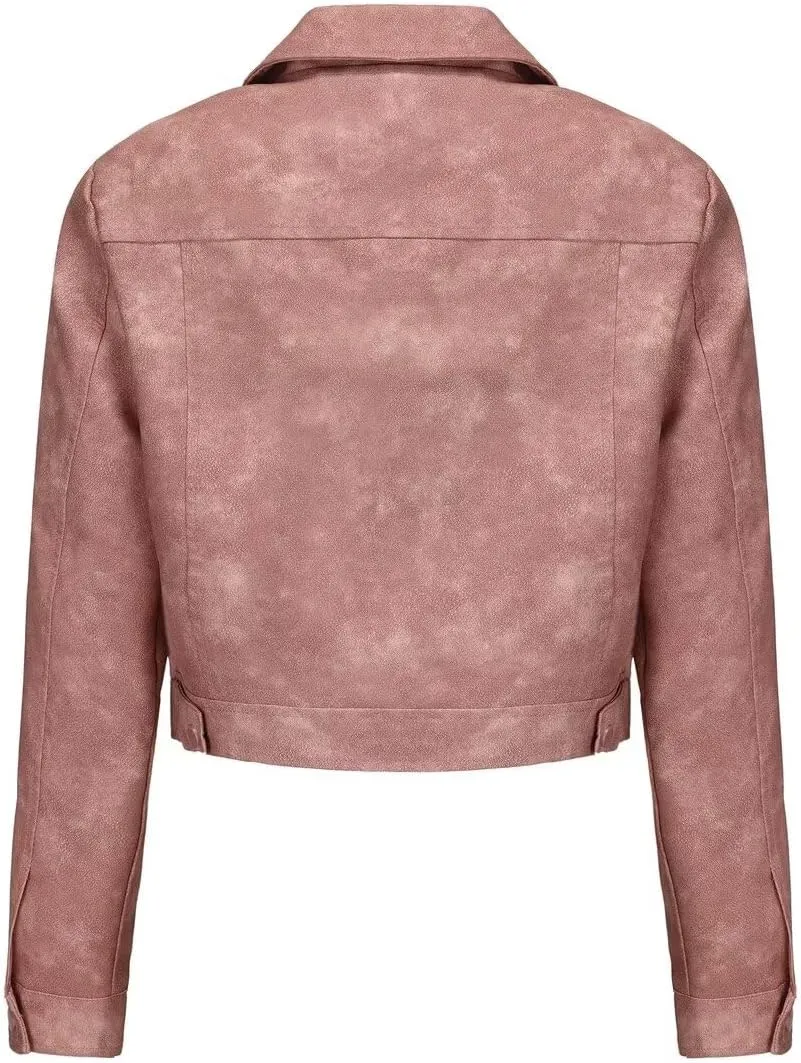 Women's Cropped Faux Leather Bomber Jacket Turn-Down Collar Flap Pocket Snap Retro Shape Coat