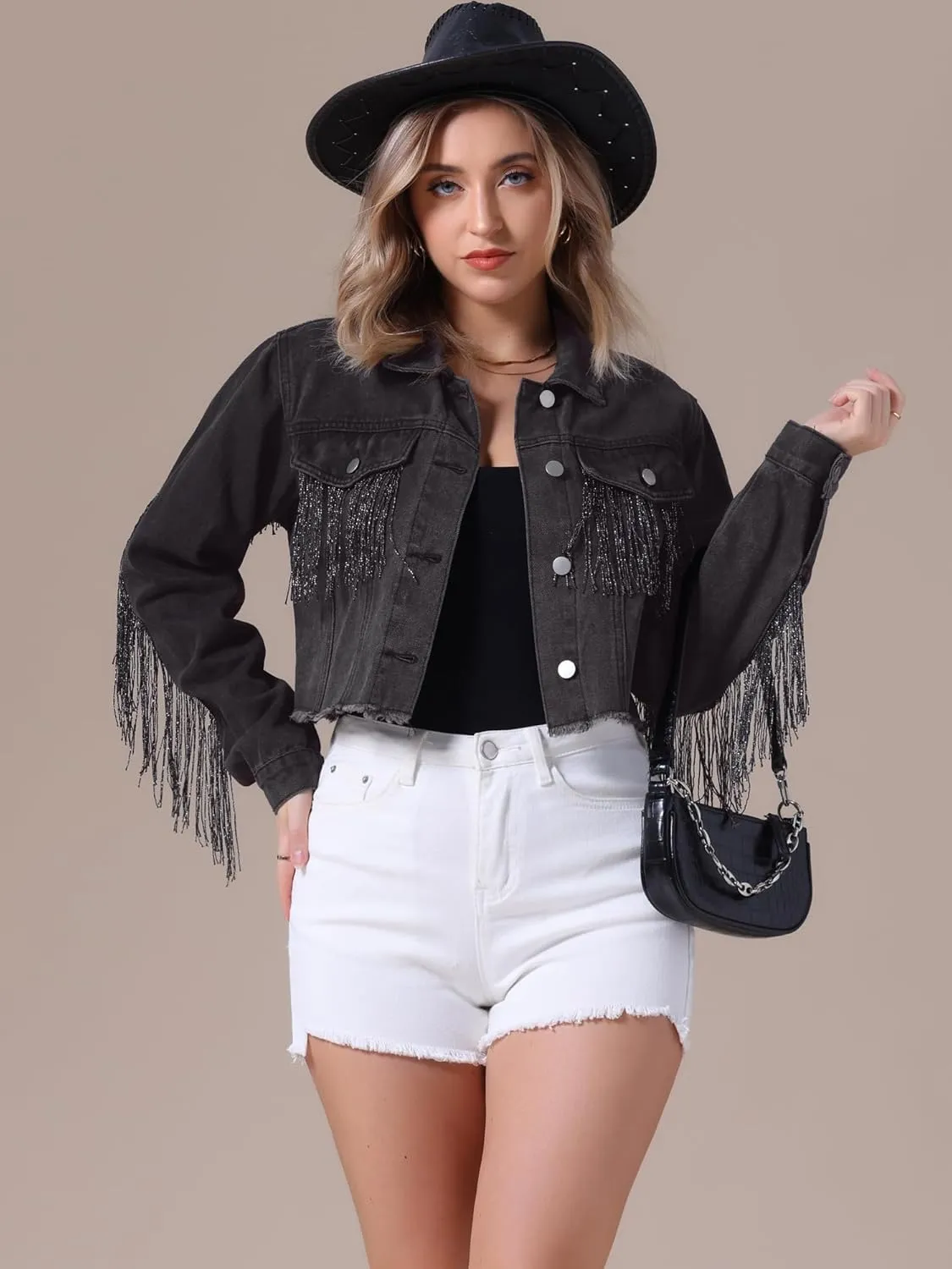 Women's Cropped Jean Jackets Long Sleeve Frayed Hem Tassel Fringe Denim Jacket