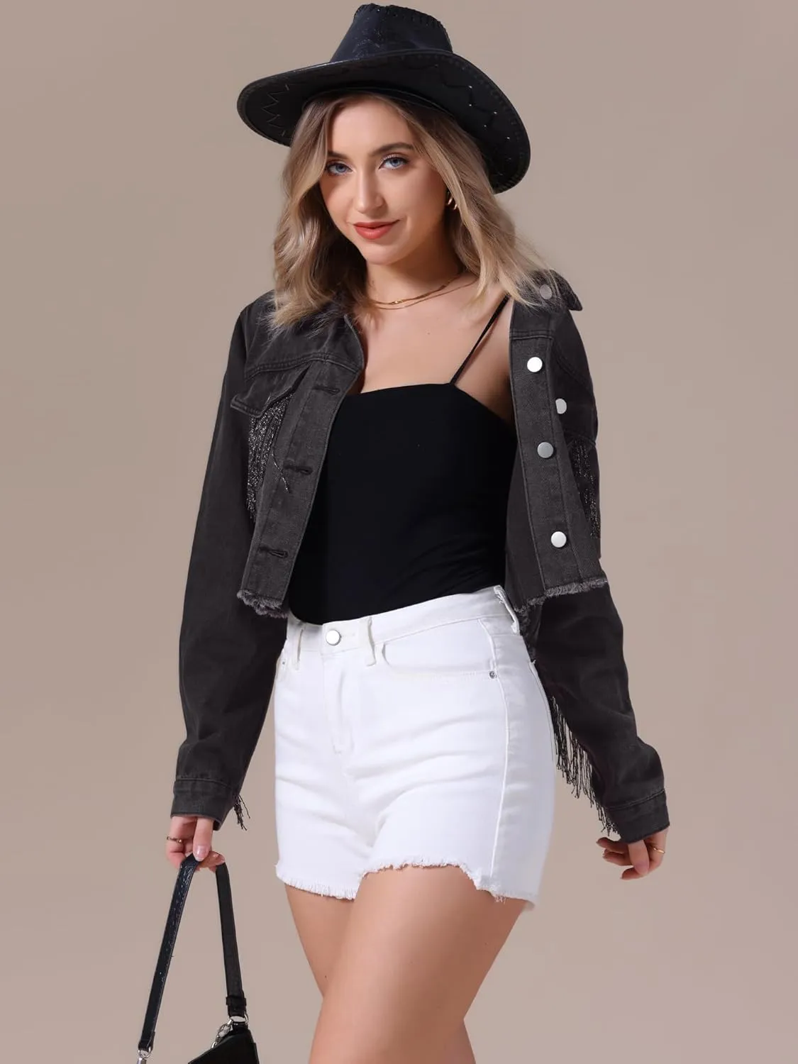 Women's Cropped Jean Jackets Long Sleeve Frayed Hem Tassel Fringe Denim Jacket