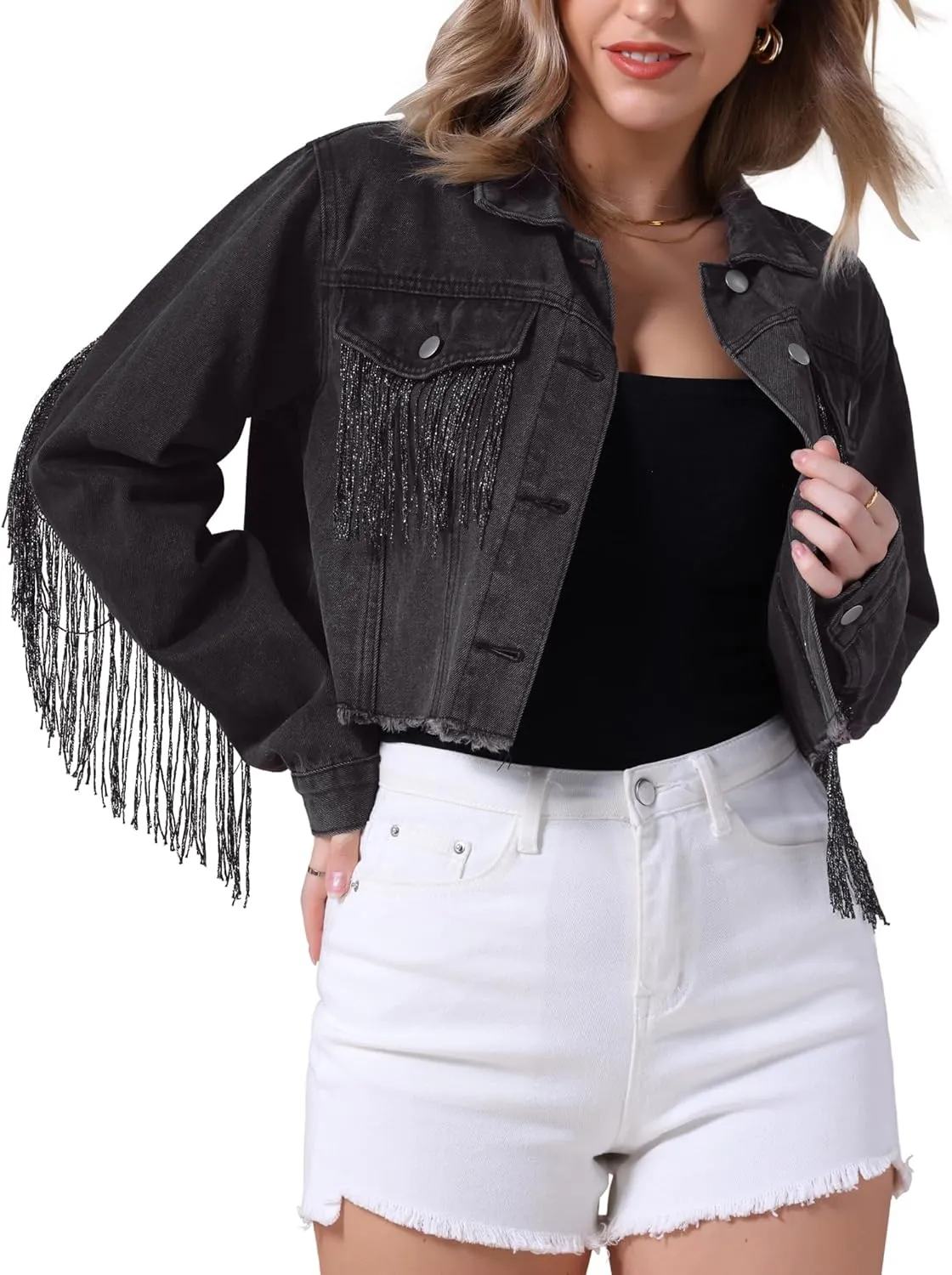 Women's Cropped Jean Jackets Long Sleeve Frayed Hem Tassel Fringe Denim Jacket