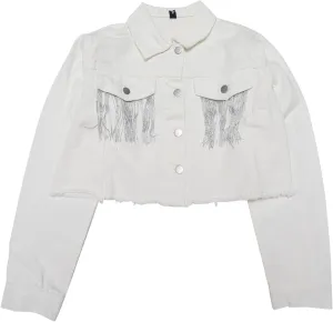 Women's Cropped Jean Jackets Long Sleeve Frayed Hem Tassel Fringe Denim Jacket