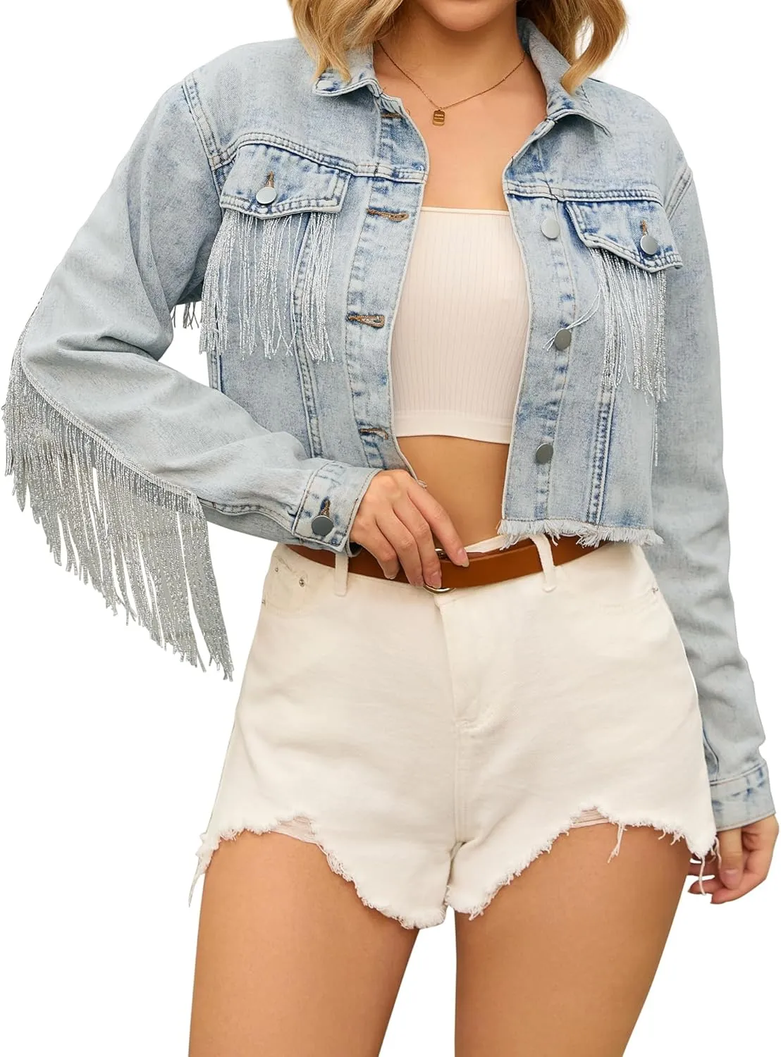 Women's Cropped Jean Jackets Long Sleeve Frayed Hem Tassel Fringe Denim Jacket