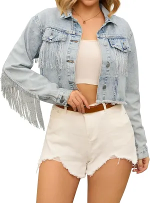 Women's Cropped Jean Jackets Long Sleeve Frayed Hem Tassel Fringe Denim Jacket
