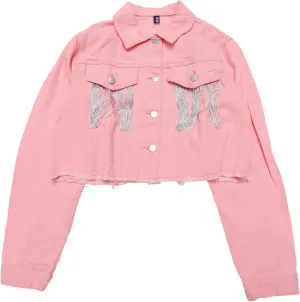 Women's Cropped Jean Jackets Long Sleeve Frayed Hem Tassel Fringe Denim Jacket
