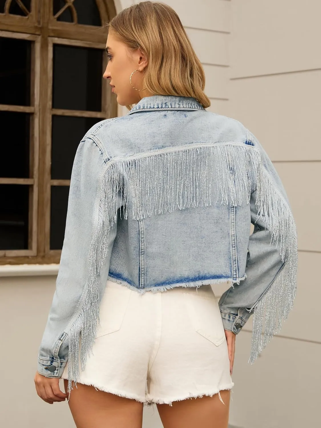 Women's Cropped Jean Jackets Long Sleeve Frayed Hem Tassel Fringe Denim Jacket