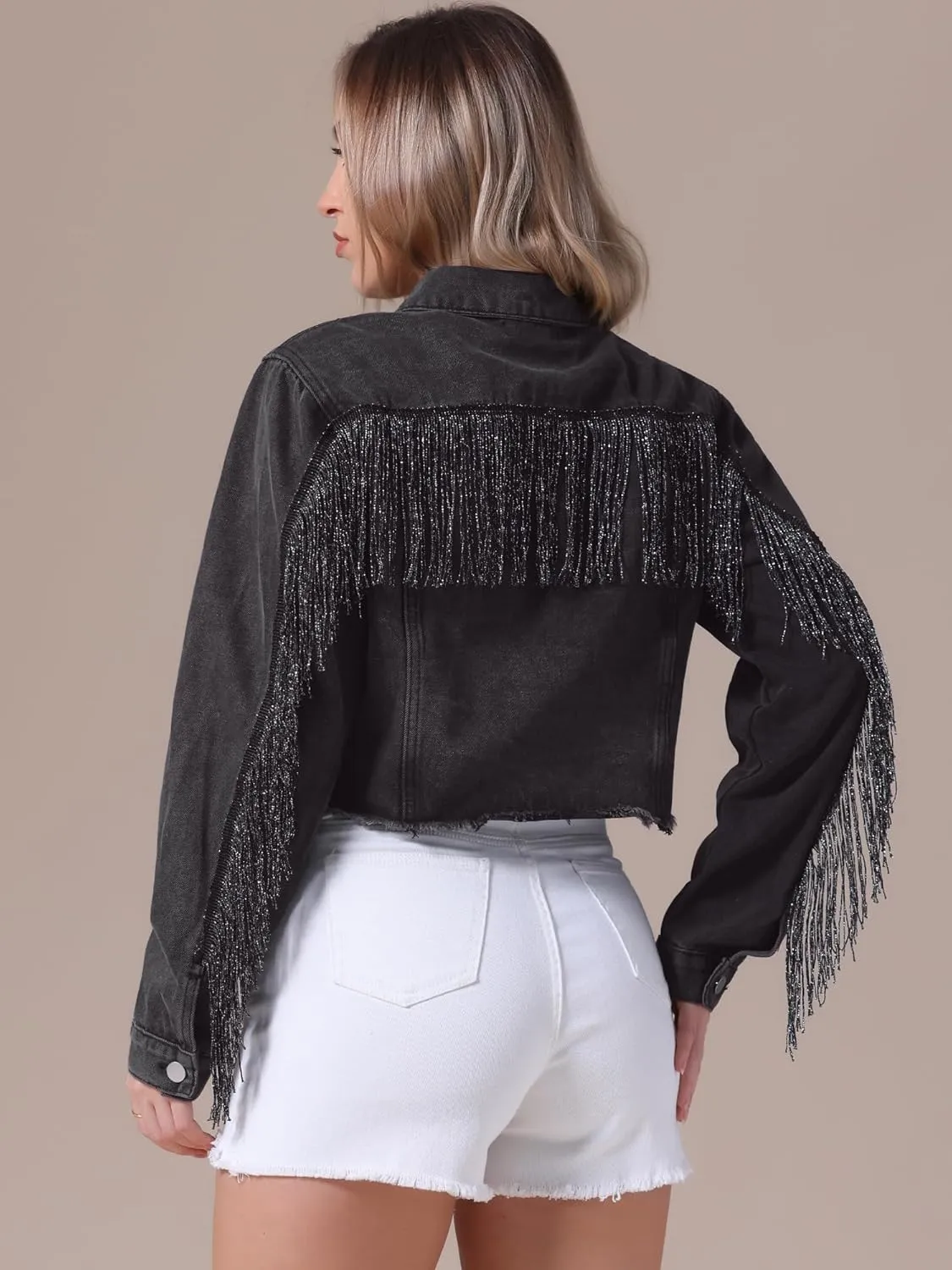 Women's Cropped Jean Jackets Long Sleeve Frayed Hem Tassel Fringe Denim Jacket