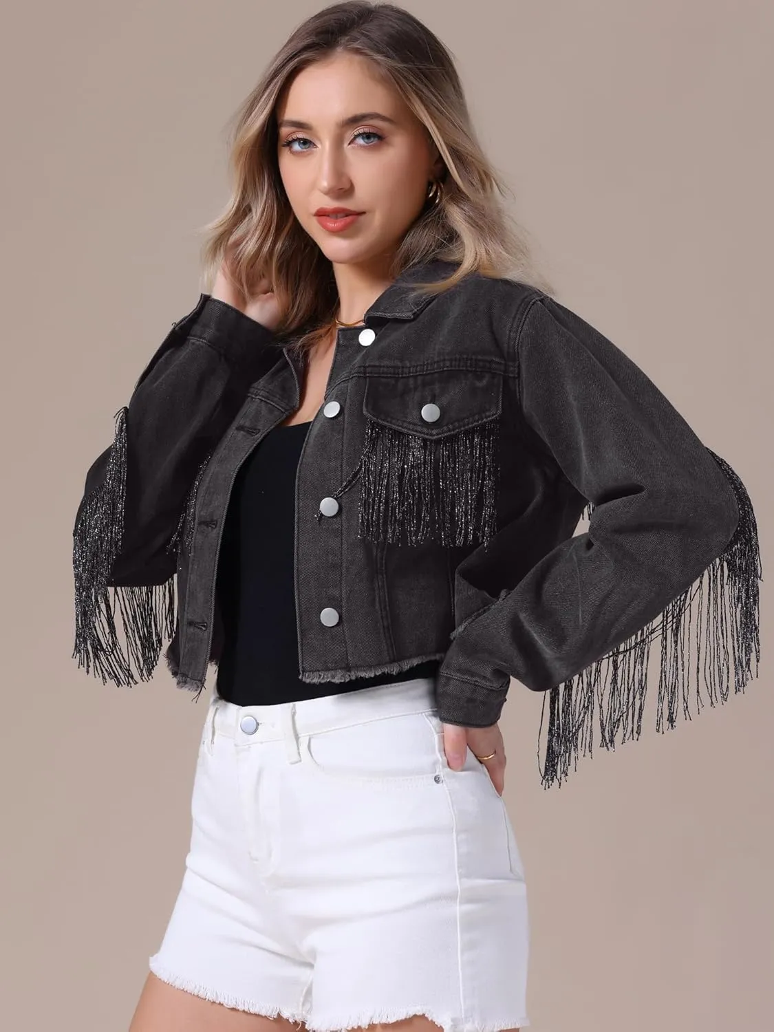 Women's Cropped Jean Jackets Long Sleeve Frayed Hem Tassel Fringe Denim Jacket