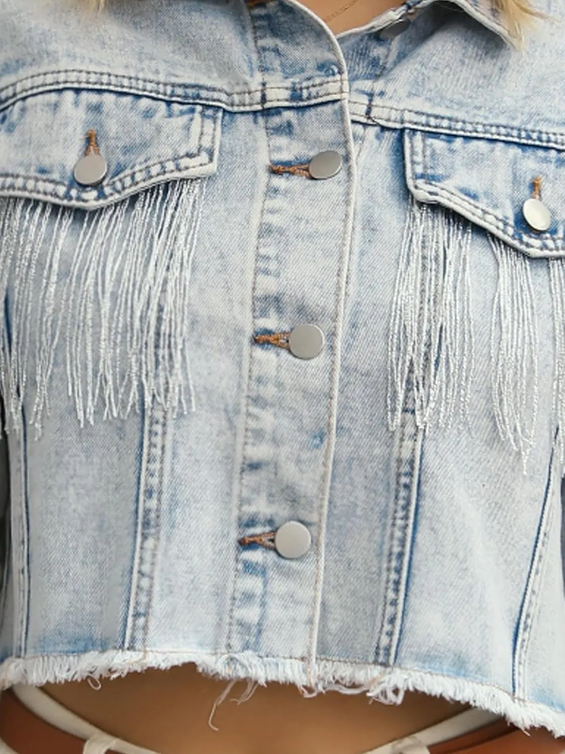 Women's Cropped Jean Jackets Long Sleeve Frayed Hem Tassel Fringe Denim Jacket