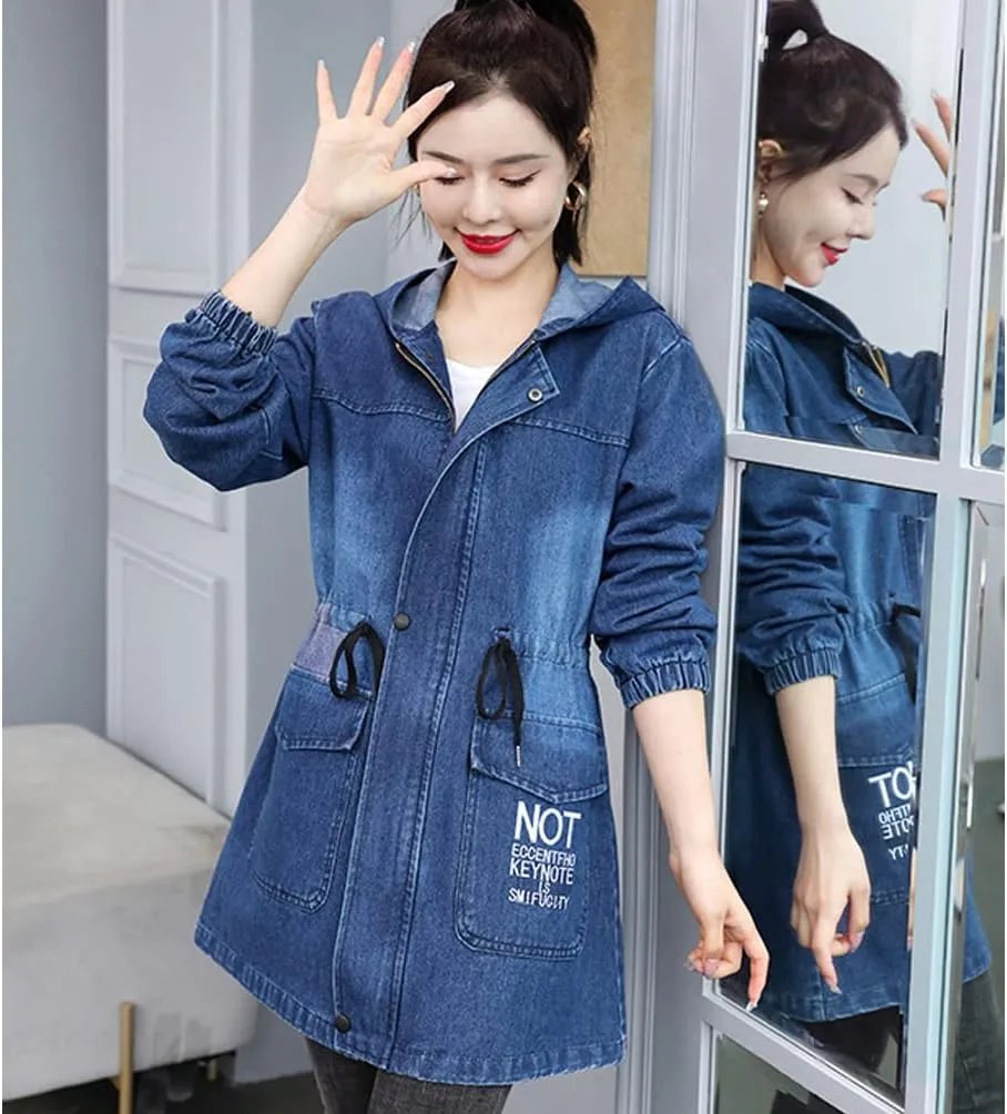 Women's Denim Hooded Jacket Oversized Loose Jean Coat Lapel 3/4 Sleeve Windbreaker With Pockets