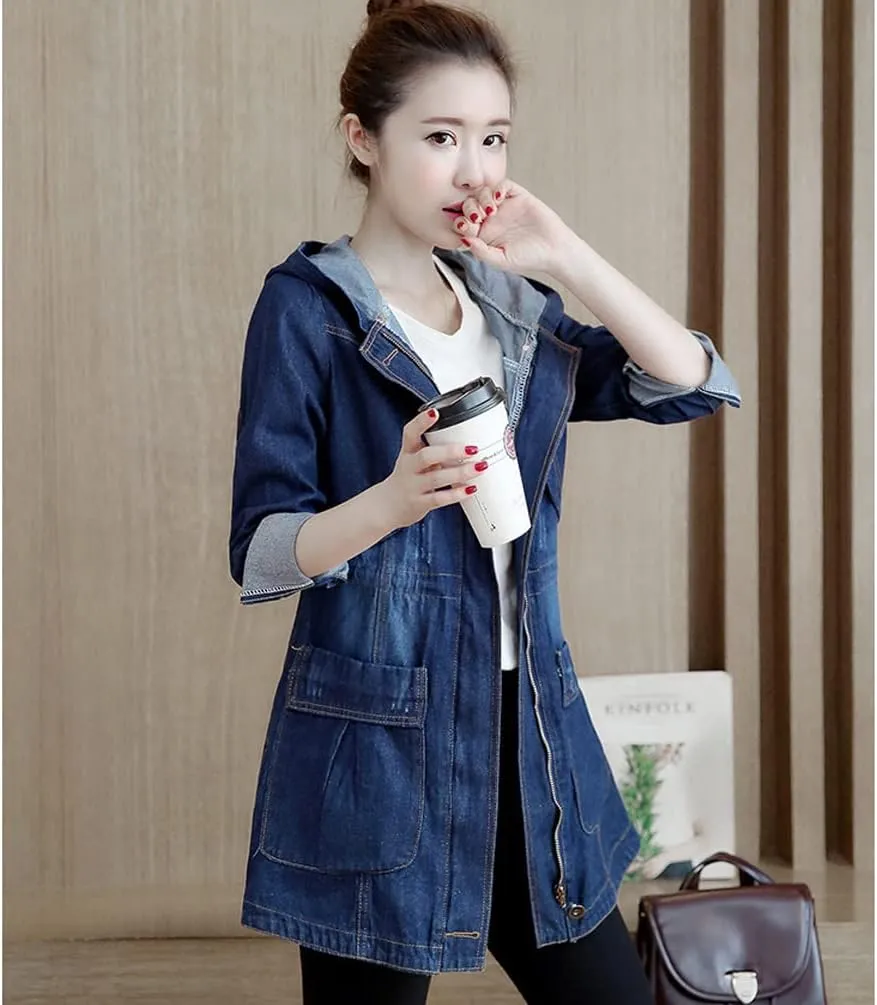 Women's Denim Hooded Jacket Oversized Loose Jean Coat Lapel 3/4 Sleeve Windbreaker With Pockets