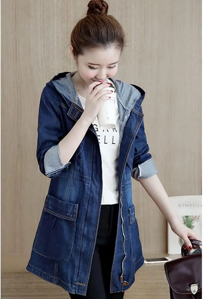 Women's Denim Hooded Jacket Oversized Loose Jean Coat Lapel 3/4 Sleeve Windbreaker With Pockets