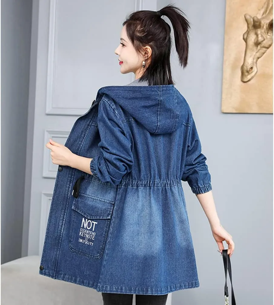 Women's Denim Hooded Jacket Oversized Loose Jean Coat Lapel 3/4 Sleeve Windbreaker With Pockets