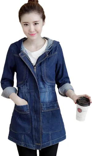 Women's Denim Hooded Jacket Oversized Loose Jean Coat Lapel 3/4 Sleeve Windbreaker With Pockets