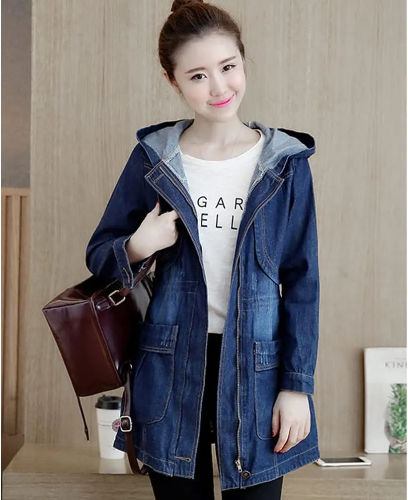 Women's Denim Hooded Jacket Oversized Loose Jean Coat Lapel 3/4 Sleeve Windbreaker With Pockets