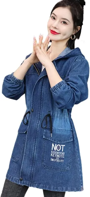 Women's Denim Hooded Jacket Oversized Loose Jean Coat Lapel 3/4 Sleeve Windbreaker With Pockets