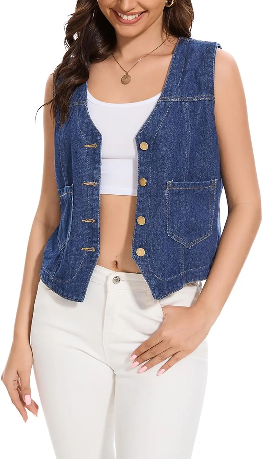 Women's Denim Jean Vest Tops 2025 Cropped V Neck Button Down Sleeveless Denim Waistcoat Jacket