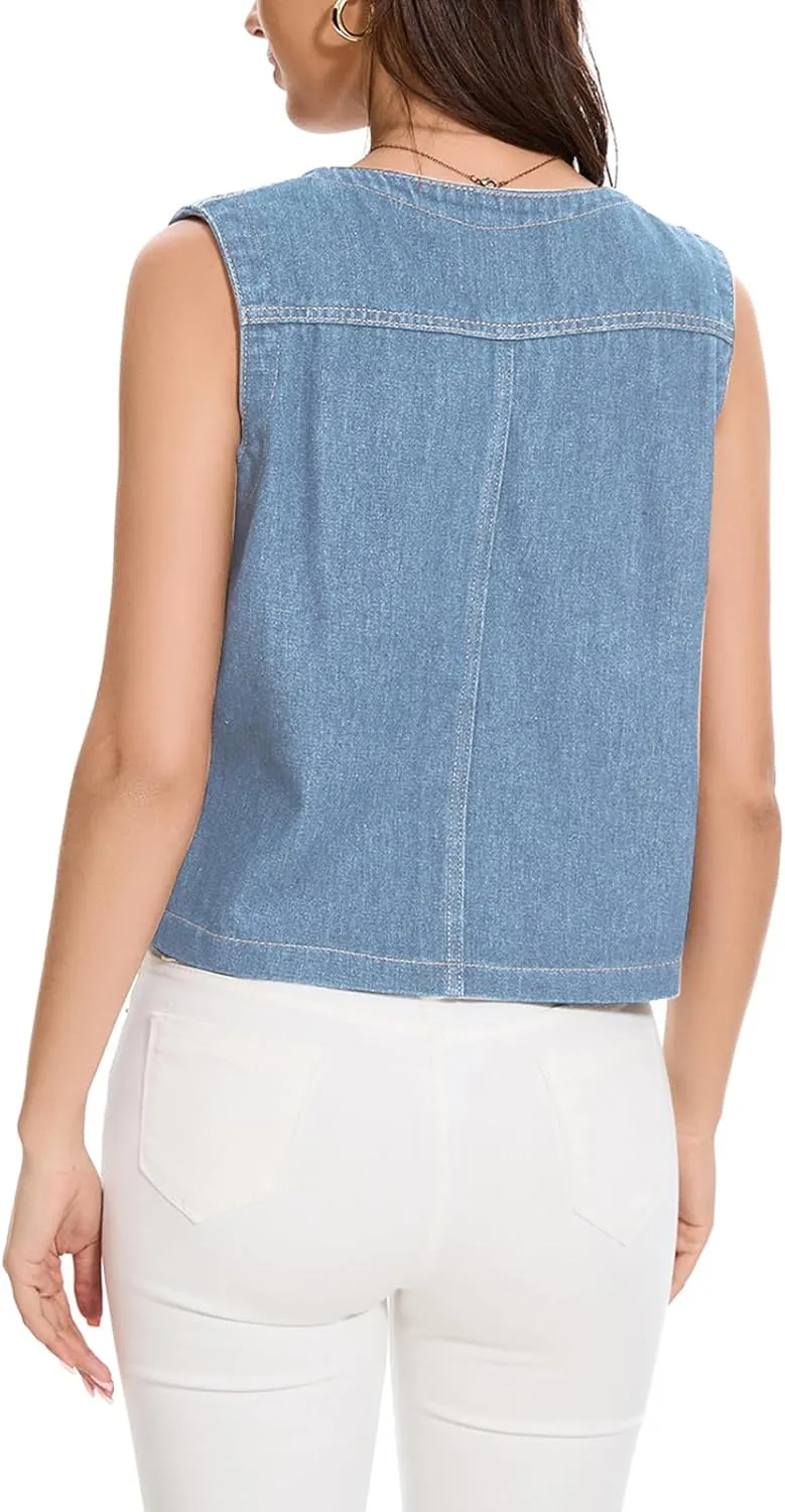 Women's Denim Jean Vest Tops 2025 Cropped V Neck Button Down Sleeveless Denim Waistcoat Jacket