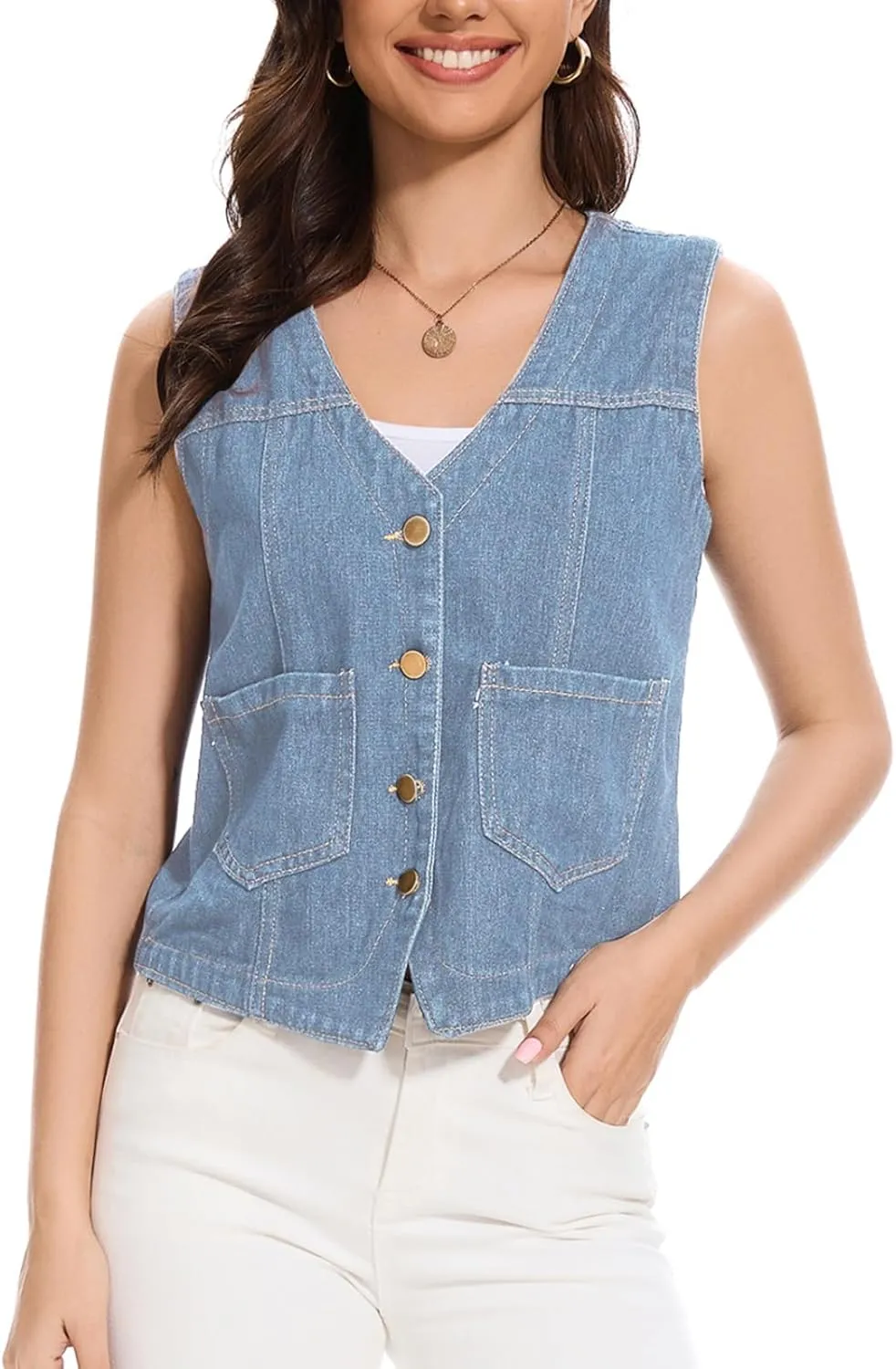 Women's Denim Jean Vest Tops 2025 Cropped V Neck Button Down Sleeveless Denim Waistcoat Jacket