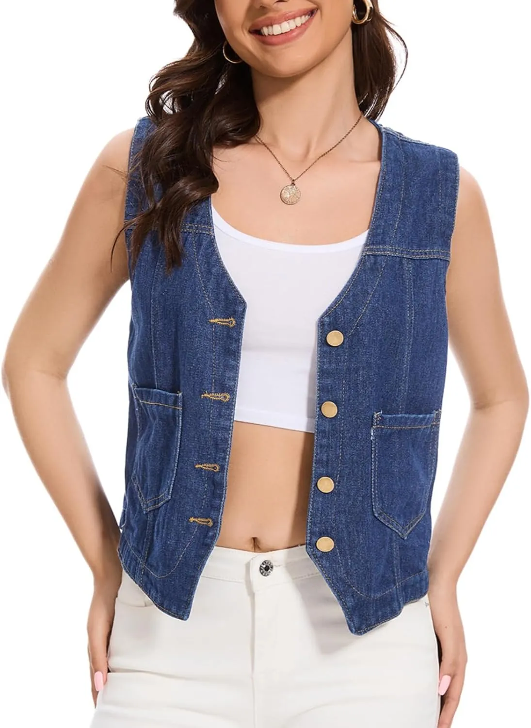 Women's Denim Jean Vest Tops 2025 Cropped V Neck Button Down Sleeveless Denim Waistcoat Jacket