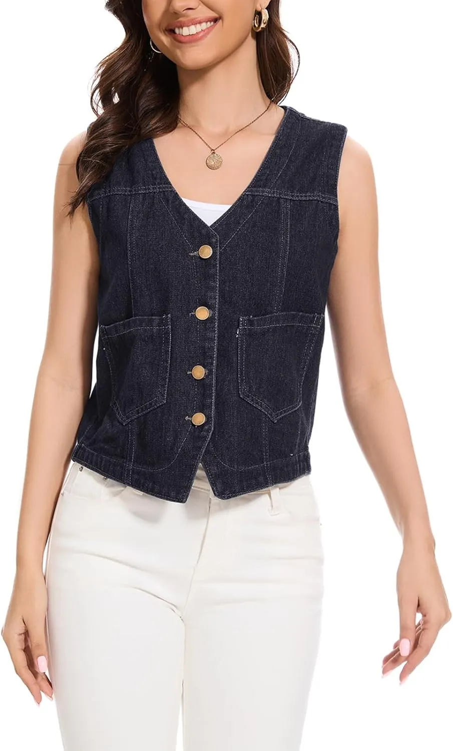 Women's Denim Jean Vest Tops 2025 Cropped V Neck Button Down Sleeveless Denim Waistcoat Jacket