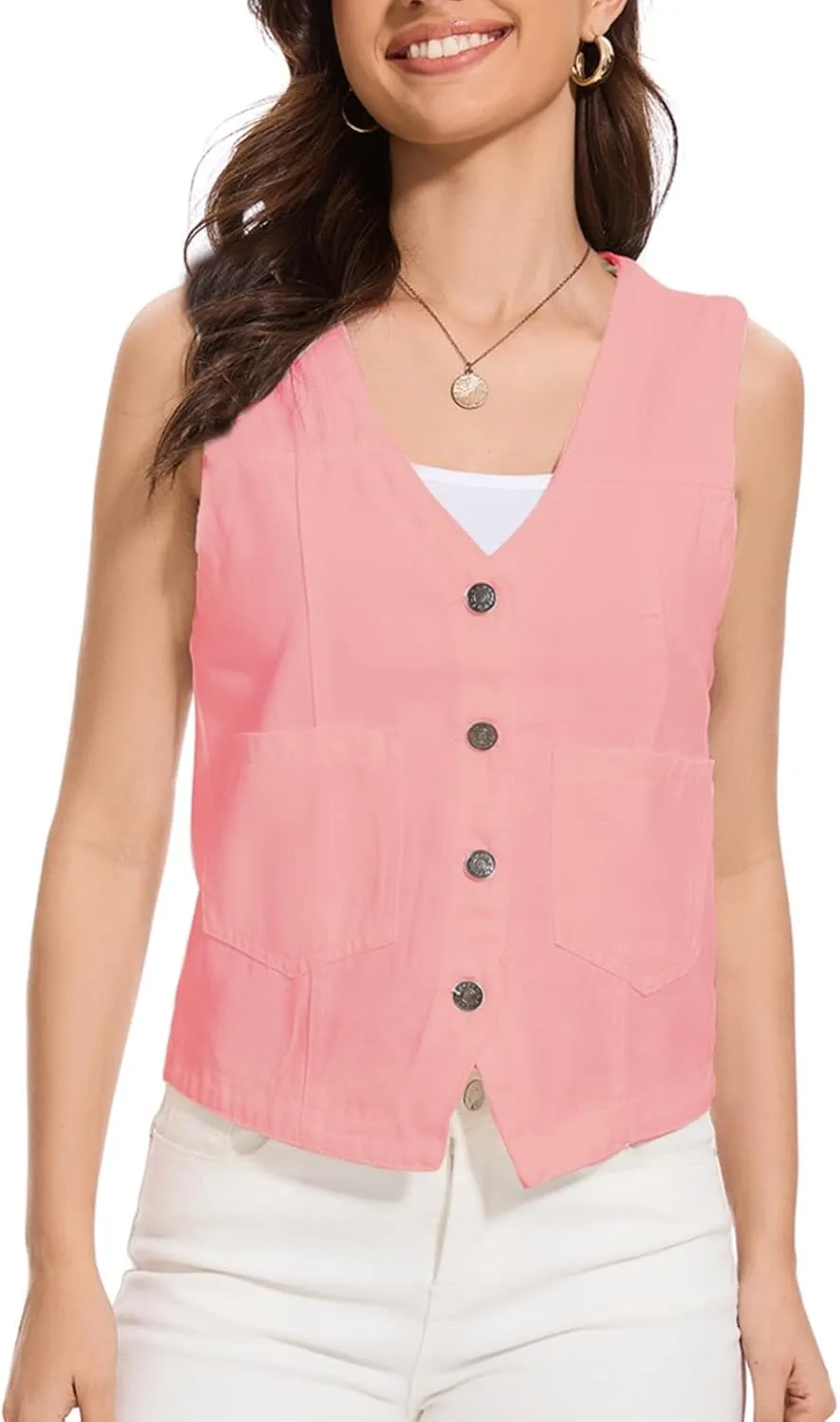 Women's Denim Jean Vest Tops 2025 Cropped V Neck Button Down Sleeveless Denim Waistcoat Jacket