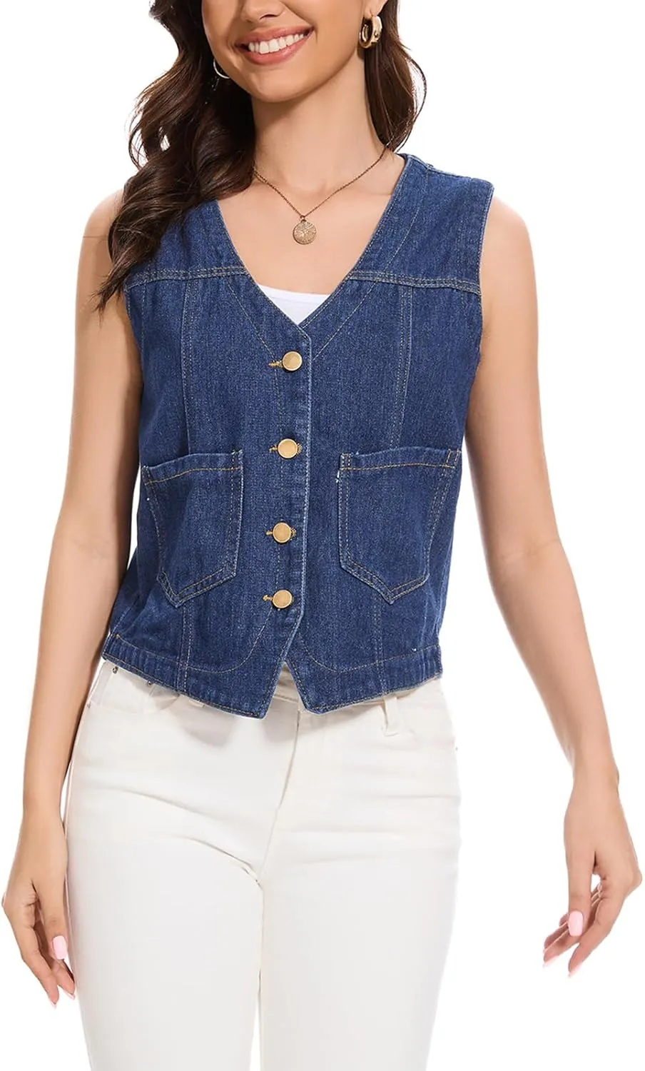 Women's Denim Jean Vest Tops 2025 Cropped V Neck Button Down Sleeveless Denim Waistcoat Jacket