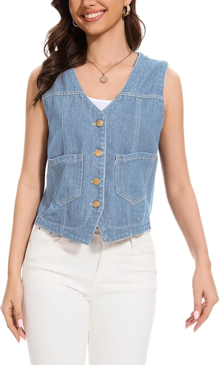 Women's Denim Jean Vest Tops 2025 Cropped V Neck Button Down Sleeveless Denim Waistcoat Jacket