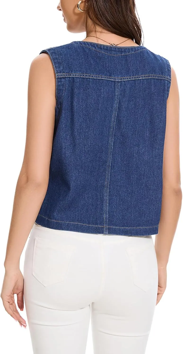 Women's Denim Jean Vest Tops 2025 Cropped V Neck Button Down Sleeveless Denim Waistcoat Jacket