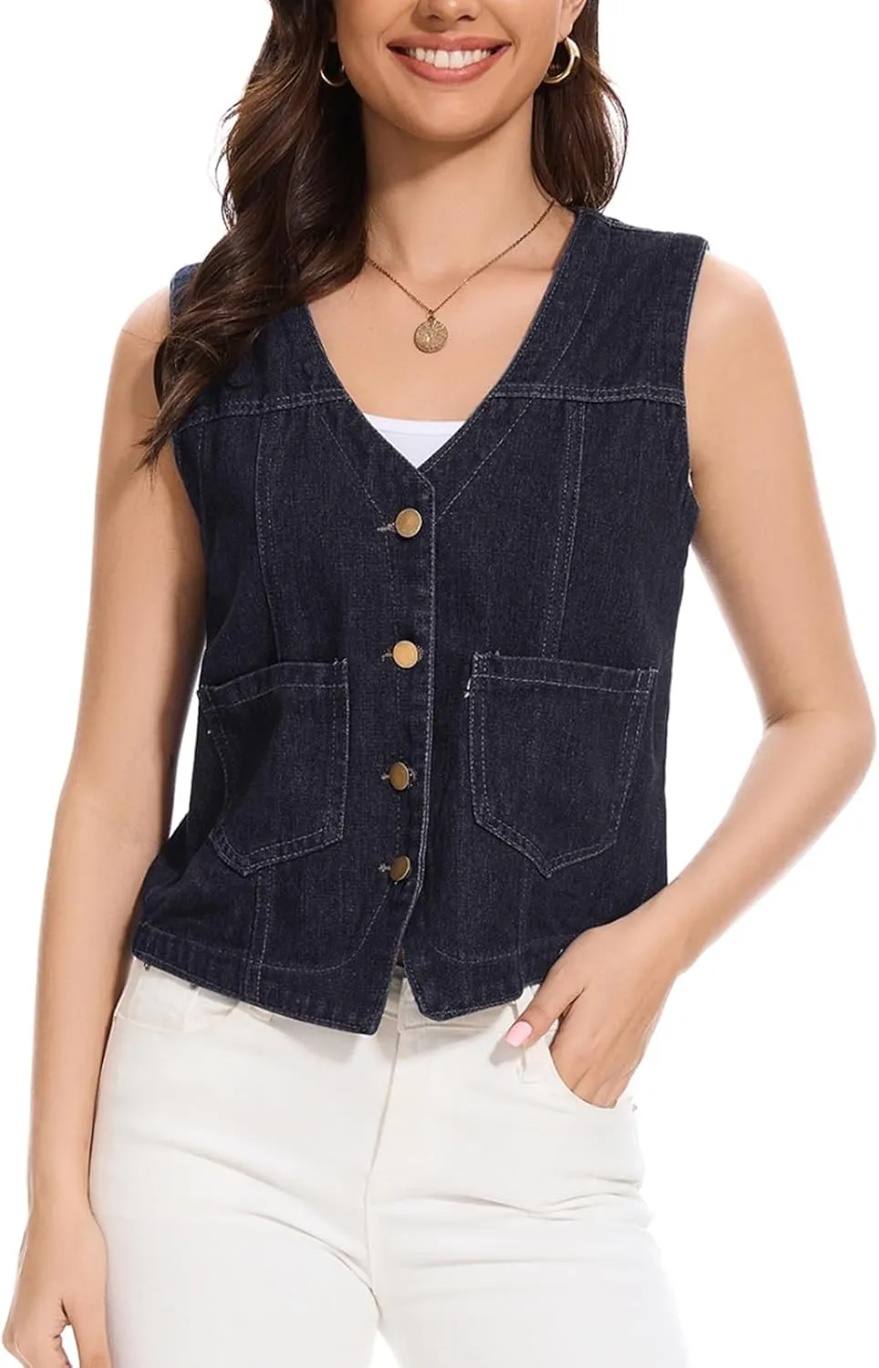Women's Denim Jean Vest Tops 2025 Cropped V Neck Button Down Sleeveless Denim Waistcoat Jacket