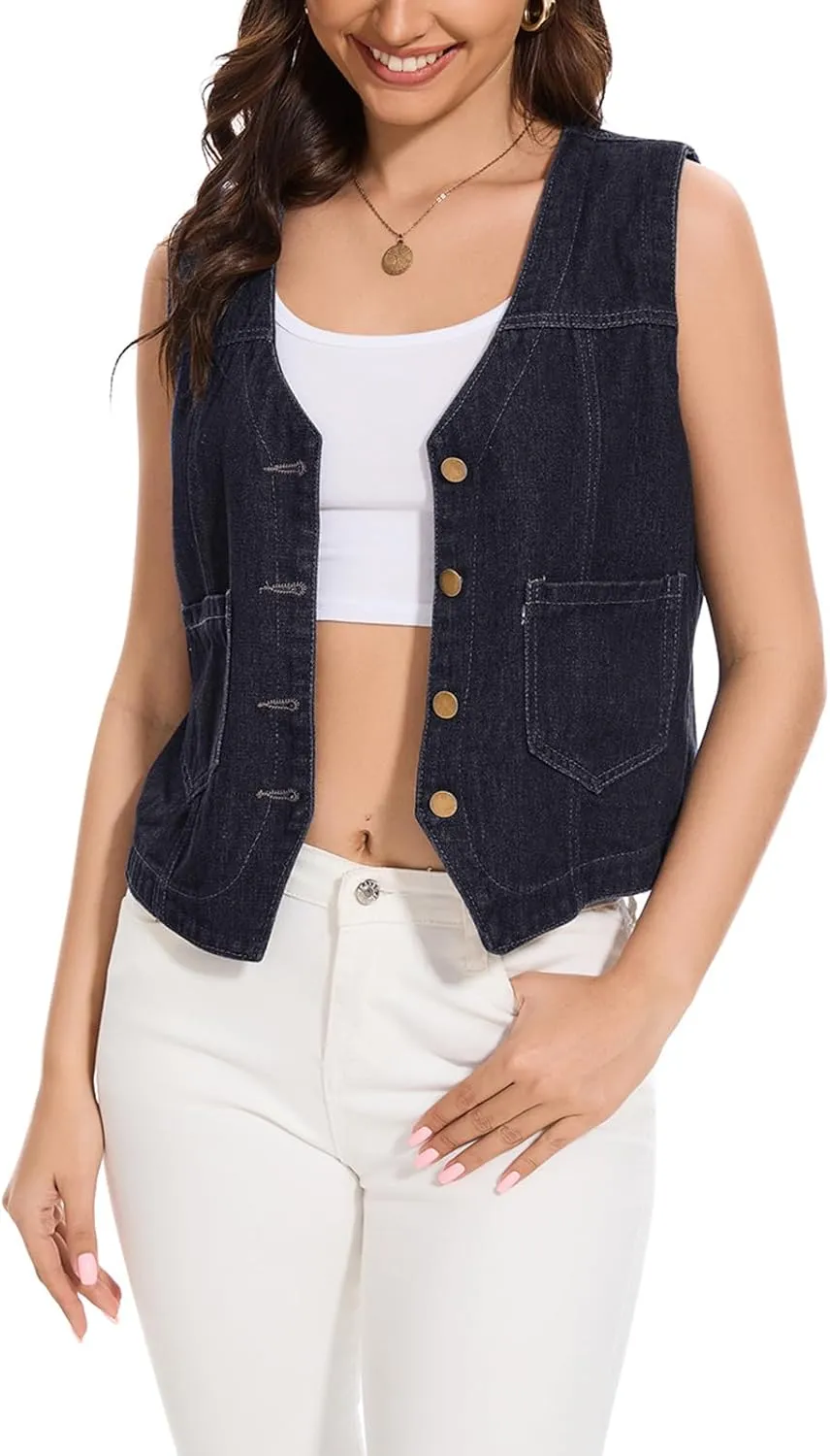 Women's Denim Jean Vest Tops 2025 Cropped V Neck Button Down Sleeveless Denim Waistcoat Jacket