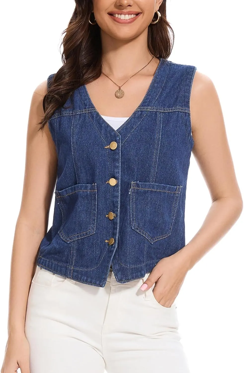 Women's Denim Jean Vest Tops 2025 Cropped V Neck Button Down Sleeveless Denim Waistcoat Jacket