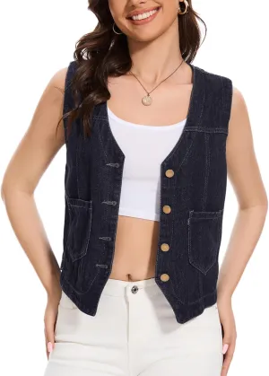 Women's Denim Jean Vest Tops 2025 Cropped V Neck Button Down Sleeveless Denim Waistcoat Jacket