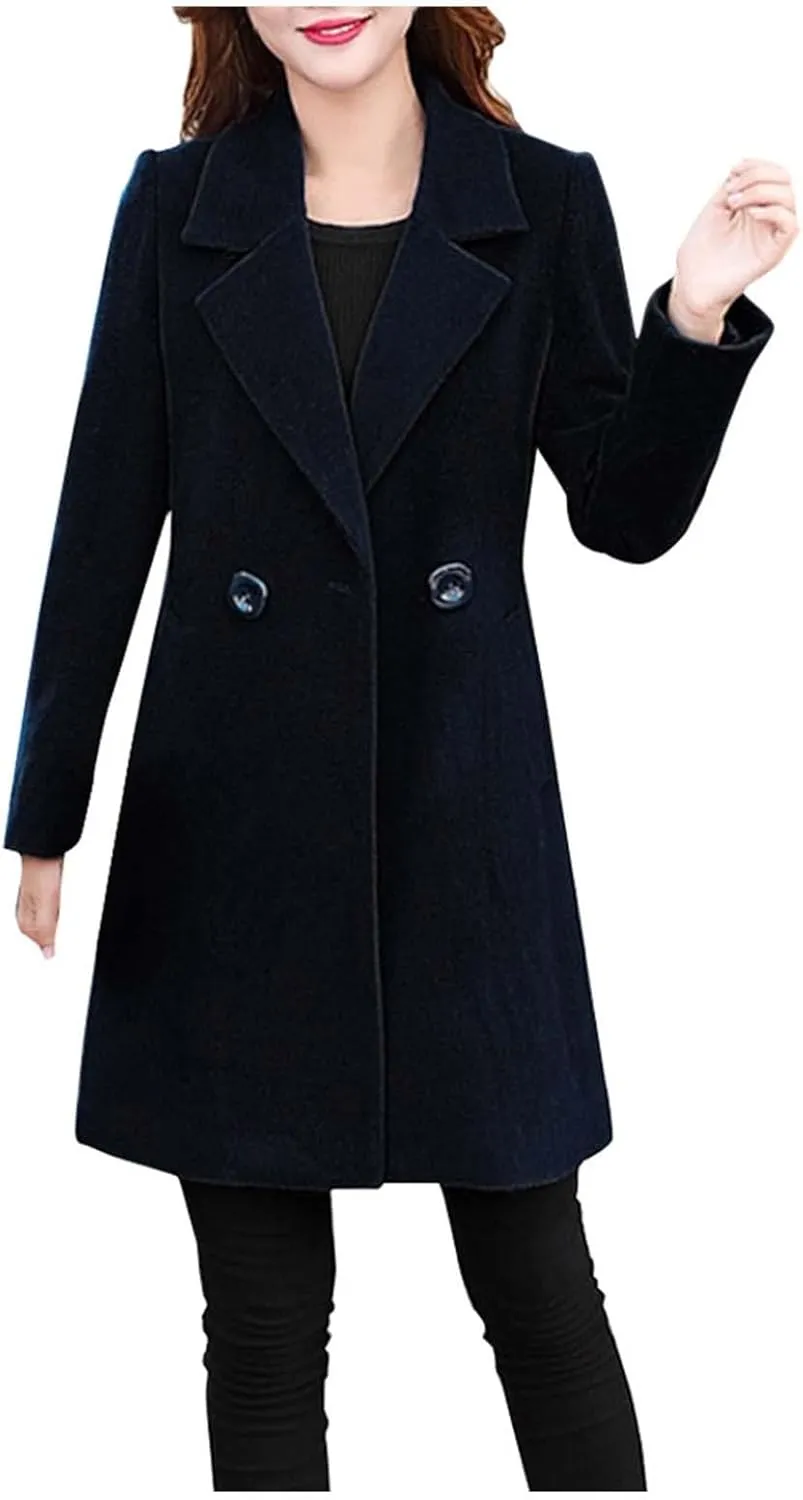 Women's Double Breasted Long Trench Coat Windproof Classic Lapel Slim Overcoat with Belt