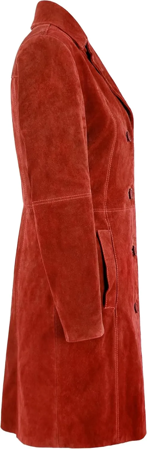 Women's Elegant Trench Coat Classic Real Suede Leather Knee-Length Slim Fit Coat 3457