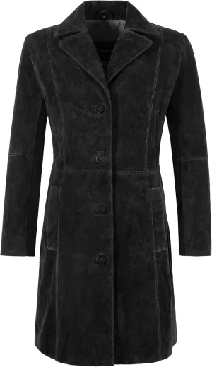 Women's Elegant Trench Coat Classic Real Suede Leather Knee-Length Slim Fit Coat 3457