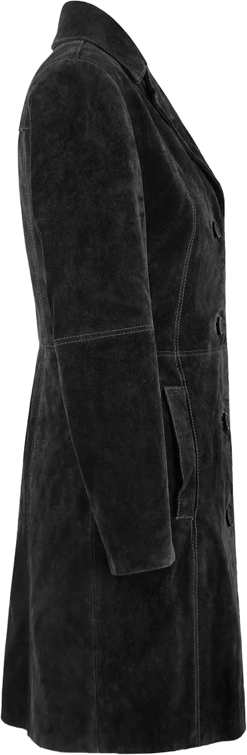 Women's Elegant Trench Coat Classic Real Suede Leather Knee-Length Slim Fit Coat 3457