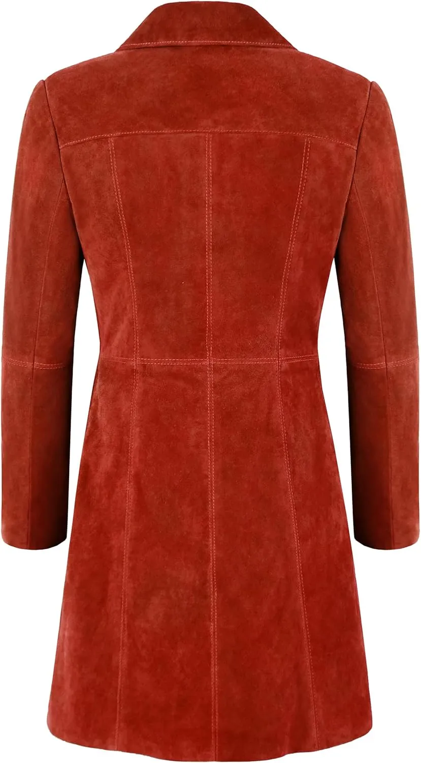 Women's Elegant Trench Coat Classic Real Suede Leather Knee-Length Slim Fit Coat 3457
