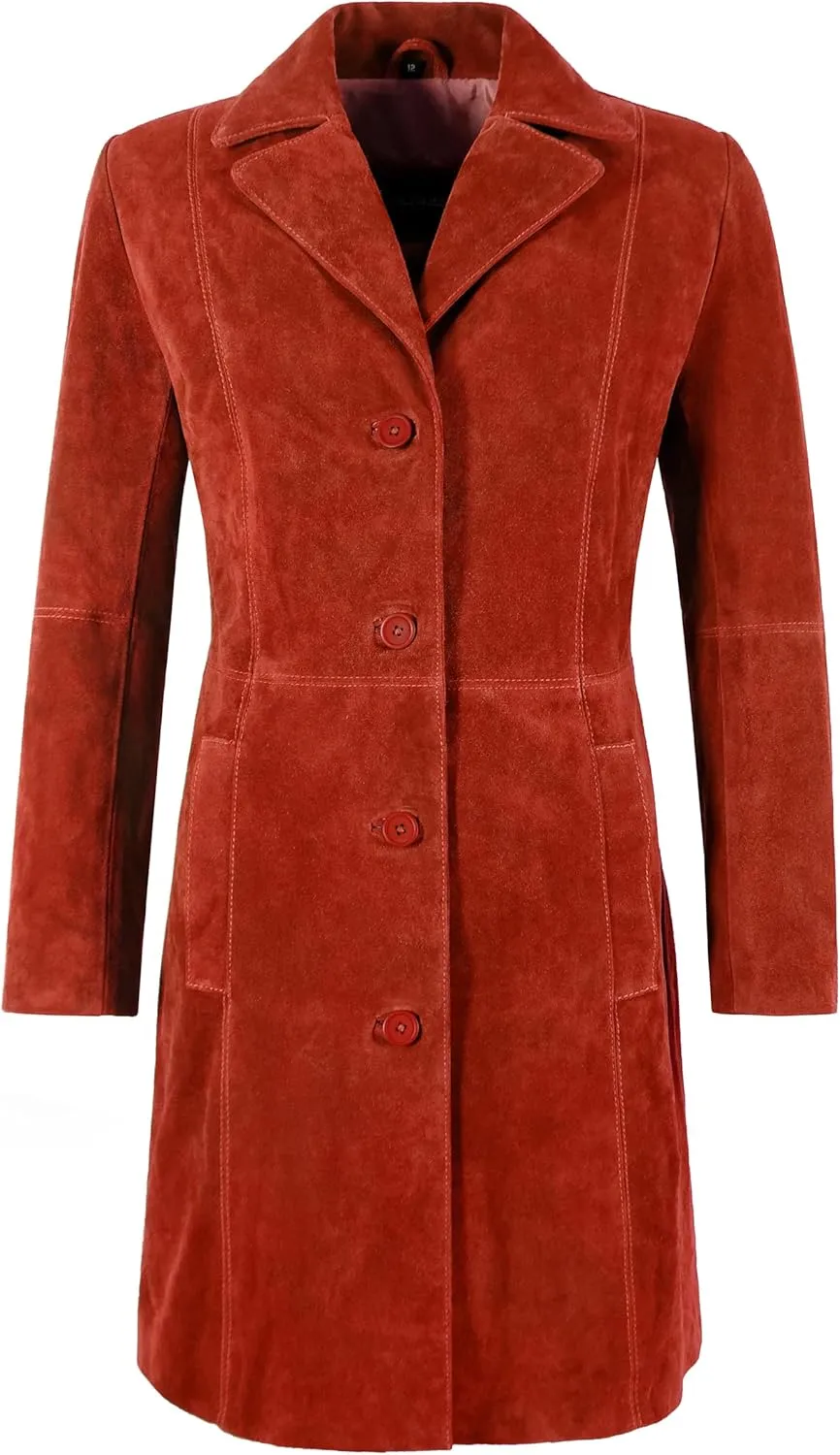 Women's Elegant Trench Coat Classic Real Suede Leather Knee-Length Slim Fit Coat 3457