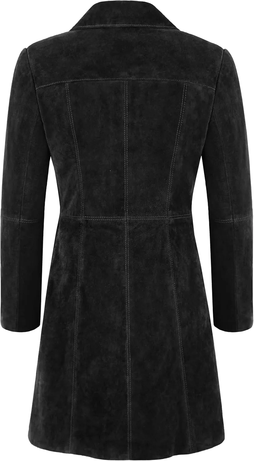 Women's Elegant Trench Coat Classic Real Suede Leather Knee-Length Slim Fit Coat 3457