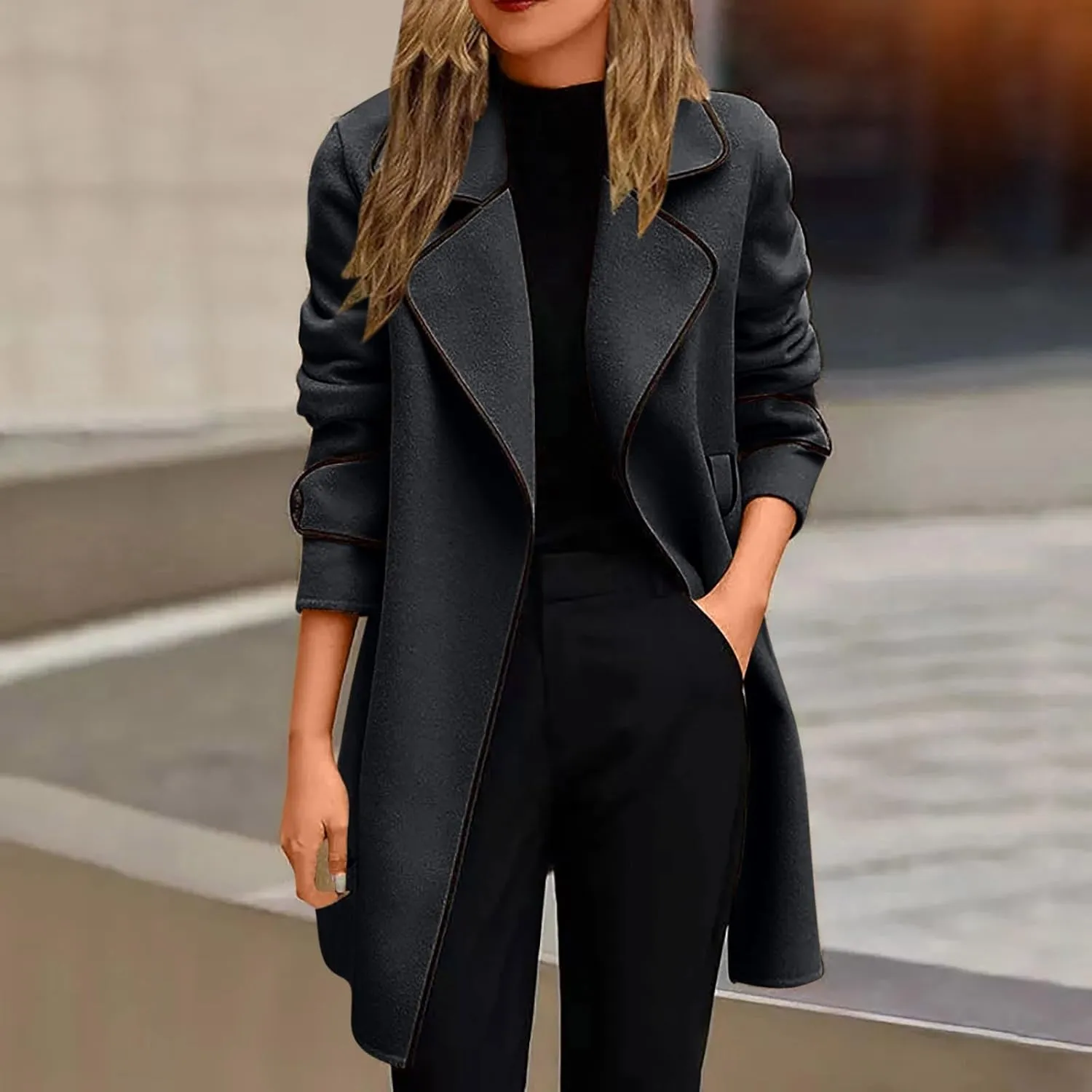 Women's Fall Winter Trench Coat Elegant Middle Length Coat Overcoat Lapel Wool Blend Pea Coat Jackets Windproof Coat