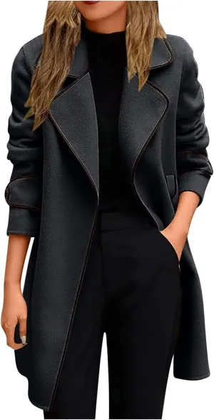Women's Fall Winter Trench Coat Elegant Middle Length Coat Overcoat Lapel Wool Blend Pea Coat Jackets Windproof Coat