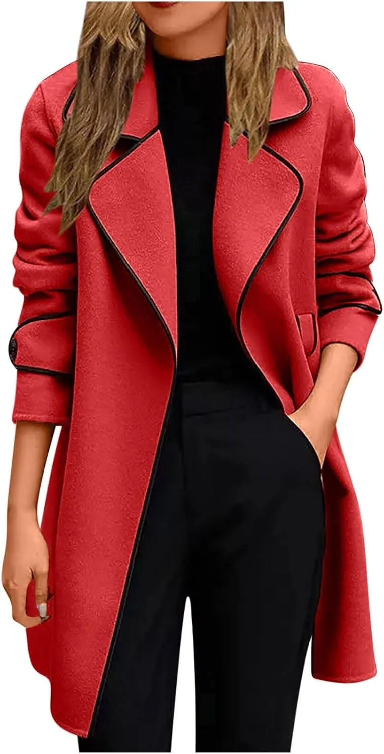 Women's Fall Winter Trench Coat Elegant Middle Length Coat Overcoat Lapel Wool Blend Pea Coat Jackets Windproof Coat