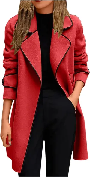 Women's Fall Winter Trench Coat Elegant Middle Length Coat Overcoat Lapel Wool Blend Pea Coat Jackets Windproof Coat