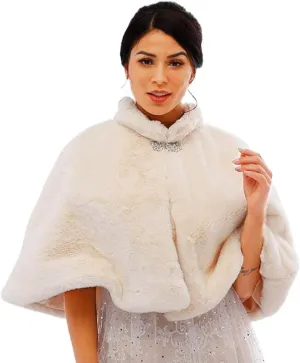 Womens Faux Fur Shawl and Wraps Bridal Wedding Fur Stole With Rhinestone Brooch for Bride and Bridesmaids